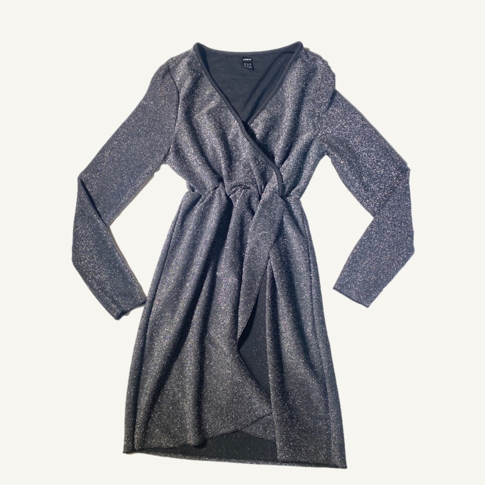 Shein Long Sleeve V-Neck Sparkly Silver & Black Party Dress Size Extra Small